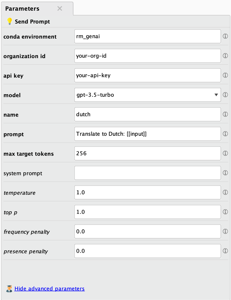 Parameters of Send Prompt operator